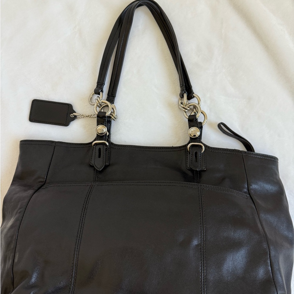 Coach Black Leather Tote Bag with Silver accents - Picture 2 of 7